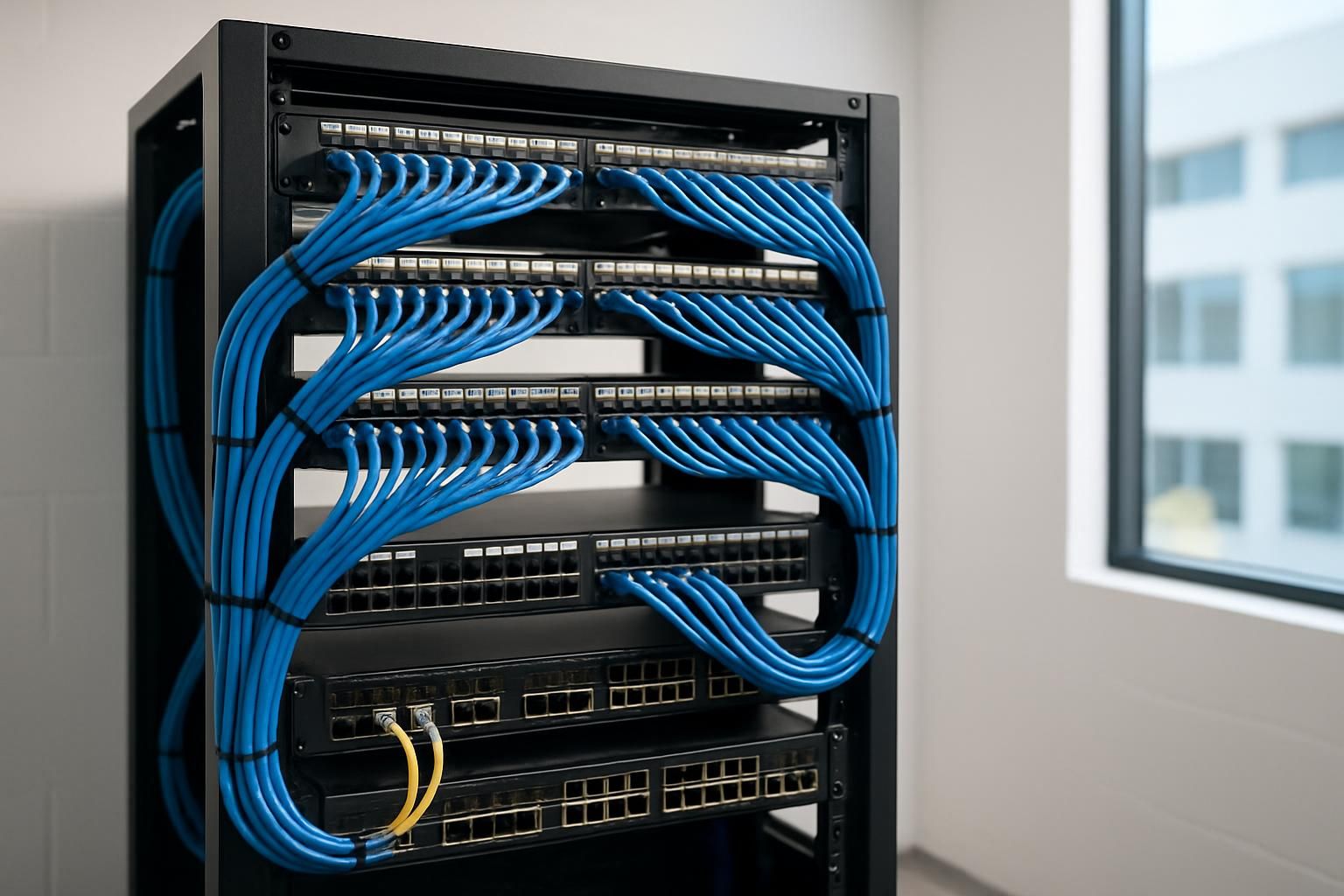 Organized blue Cat6A ethernet cabling routed into black patch panels and switches on a commercial network rack in a San Diego MDF server room